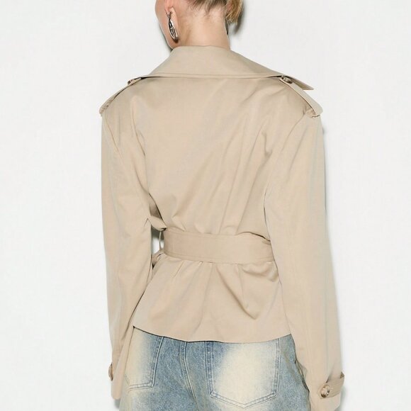 Khaki Casual Women's Double Breasted Cropped Trench Coat - Picture 2 of 5